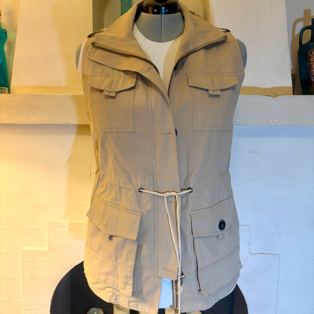 Beige Drawstring Utility Vest - Women’s Sleeveless Jacket